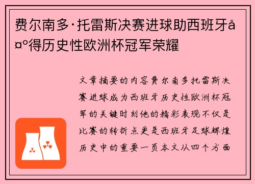 费尔南多·托雷斯决赛进球助西班牙夺得历史性欧洲杯冠军荣耀