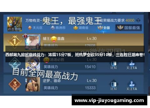 西部第九掀起巅峰战力：浓眉15分7板，班凯罗空砍35分10板，三连胜狂潮席卷！